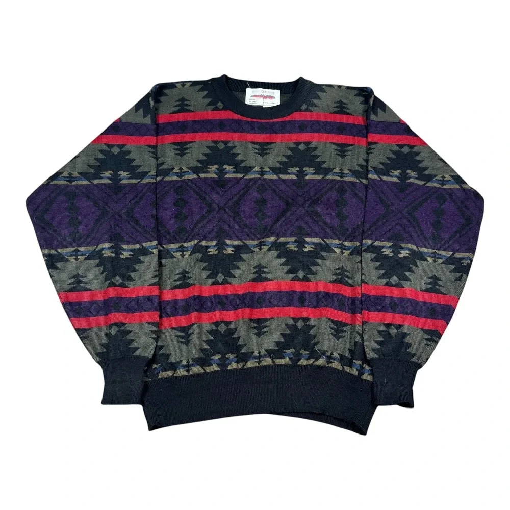Vintage 90s Obermeyer Patterned Geometric Multicolor Sweater Men's XL Wool Blend